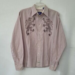 Kings Road Mens Striped Button Up Shirt Embroidered Lions Long Sleeve XL